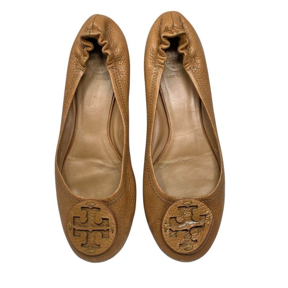 Tory Burch Brown Pebbled Leather Logo Slip On Reva Ballet Flats‎